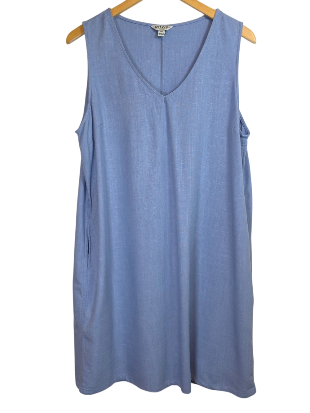 Orvis Linen Blend Sleeveless Dress Sz L V-Neck Coastal Grandma Pockets Beach EUC